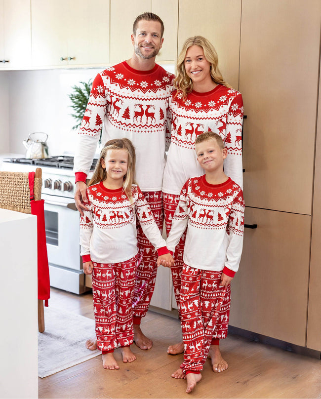 Family Matching Christmas Pajamas Fair Isle & Reindeer Print Red Hover Image