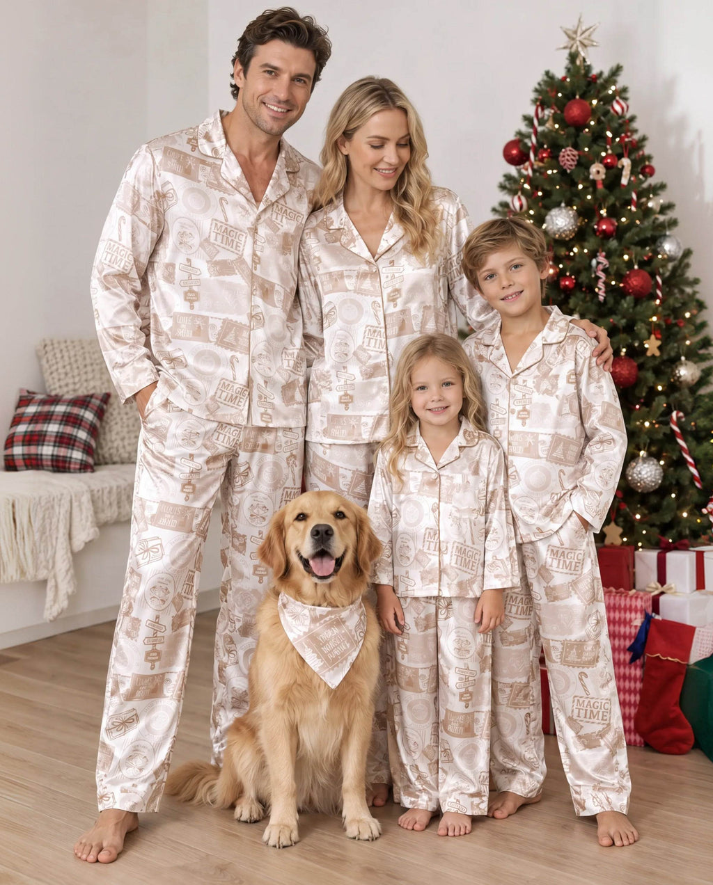 Matching Family Christmas Pajamas Letters to Santa Satin Cream
