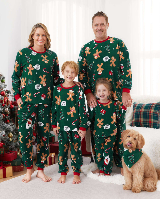 Family Matching Christmas Pajamas Gingerbread Print Fleece Green Hover Image