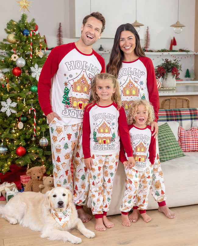 Matching Family Christmas Pajamas Gingerbread House & Christmas Tree Print Red Hover Image