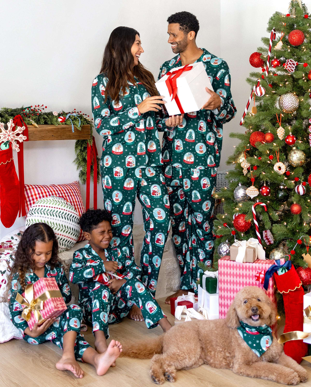 Matching Family Christmas Pajamas Snow Globe Print Dark Green Plus Size
