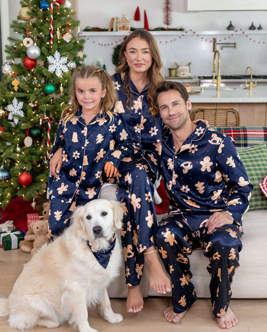 Family Matching Christmas Pajamas Gingerbread Print Satin Navy
