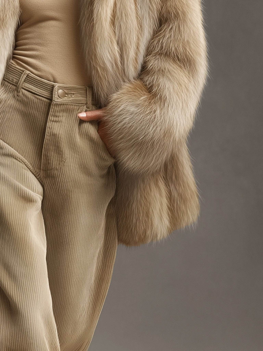Khaki Gradient Faux Fox Fur Coat