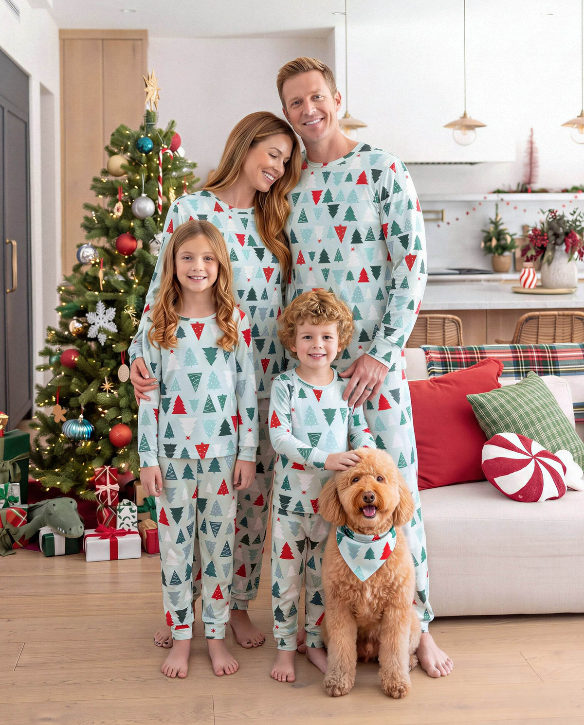 Matching Family Christmas Pajamas Christmas Tree Print Cotton Blue