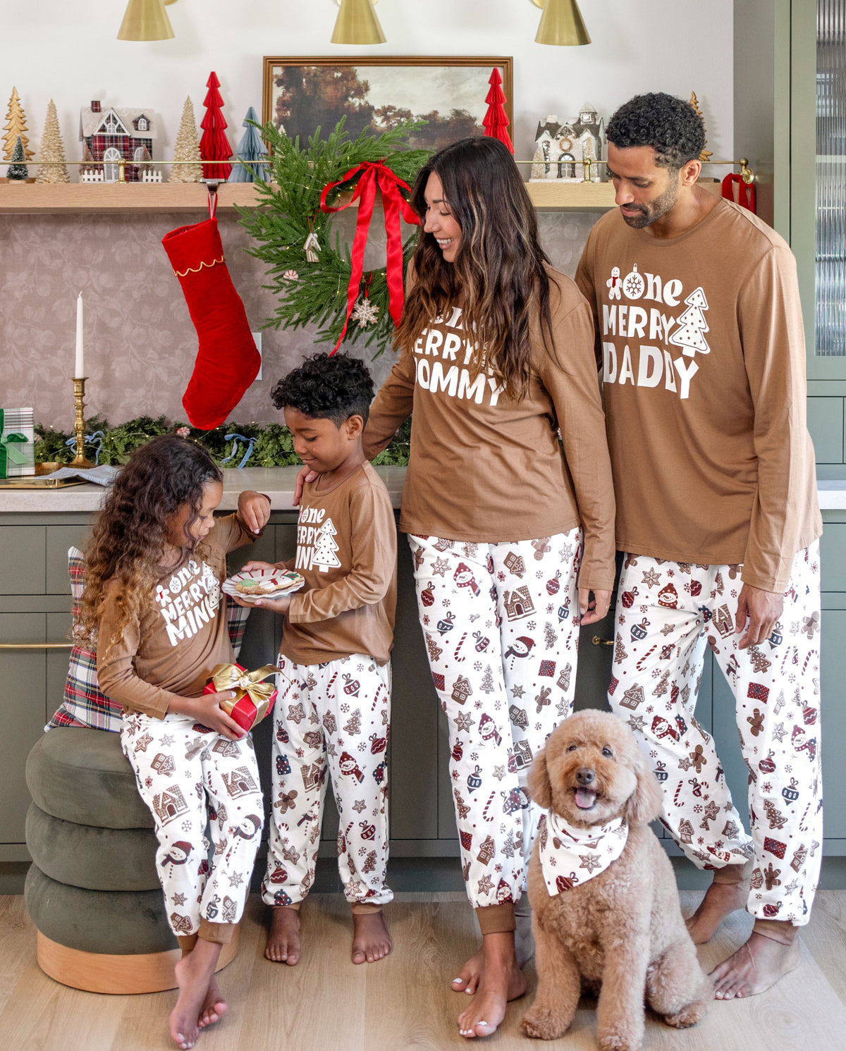 Matching Family Christmas Pajamas Gingerbread & Christmas Tree Print