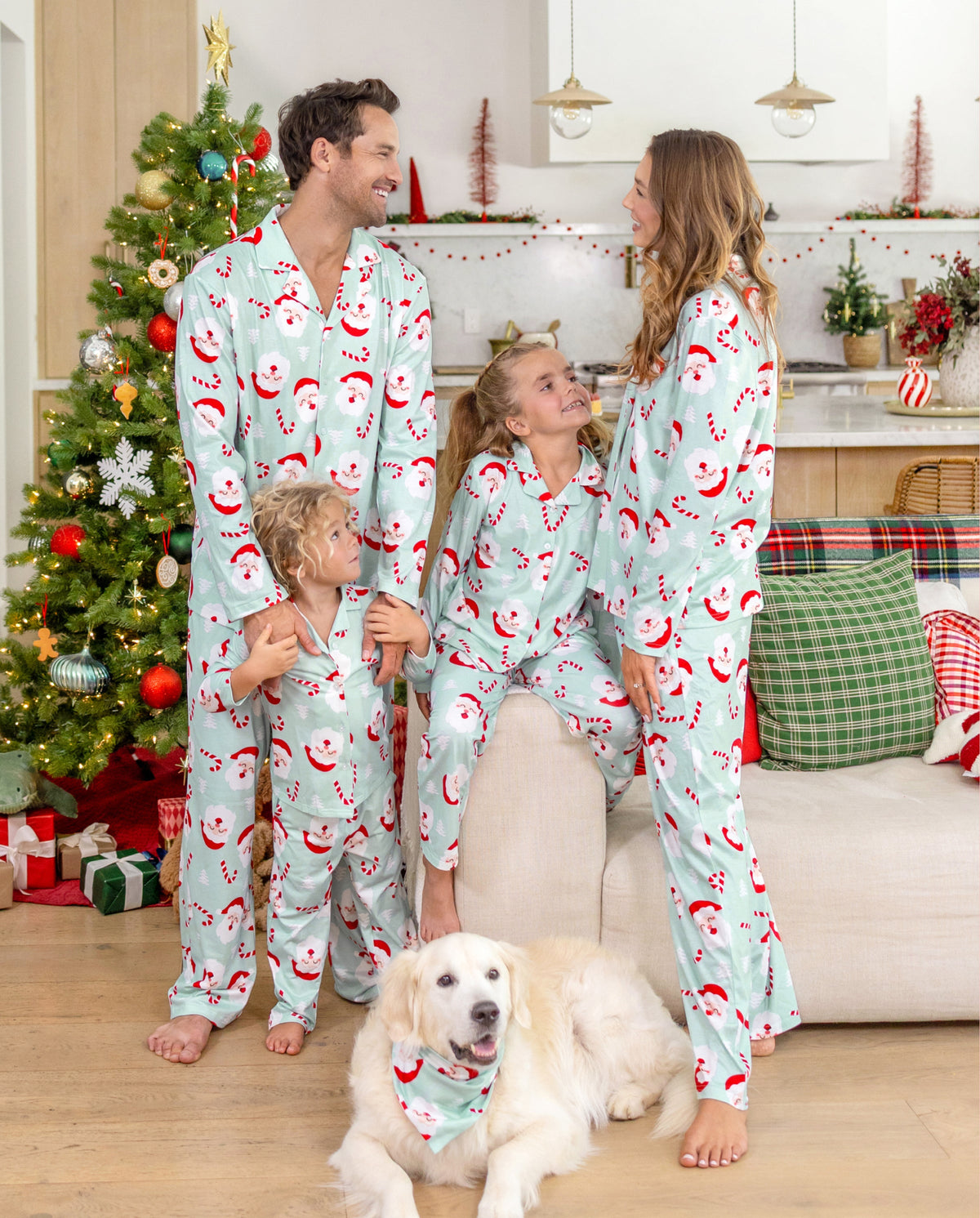 Matching Family Christmas Pajamas Santa Claus Print Collared Green
