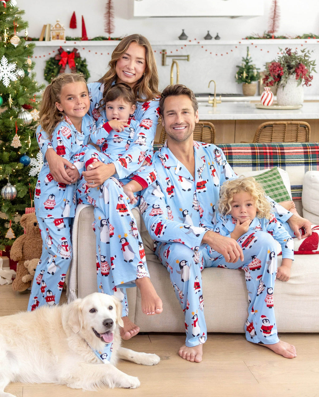 Matching Family Christmas Pajamas Penguin Print Blue