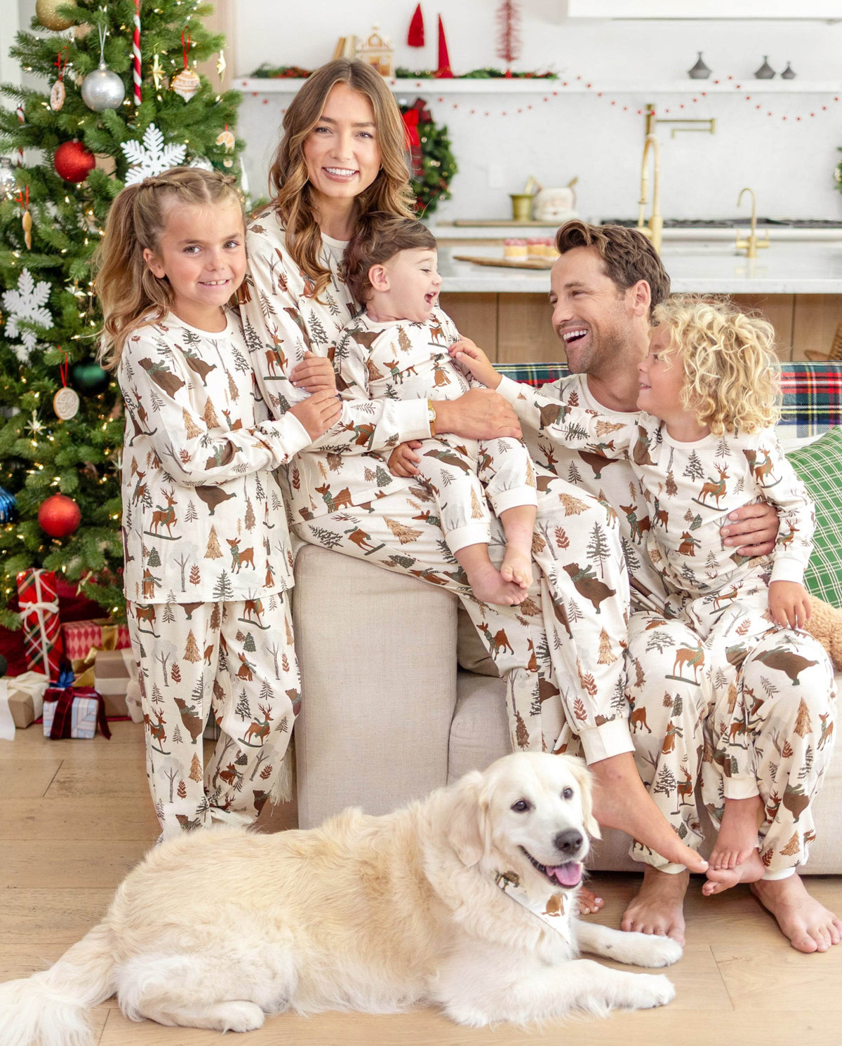 Matching Family Christmas Pajamas Woodland Print Beige