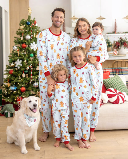 Family Matching Christmas Pajamas Gingerbread & Milk Print Blue