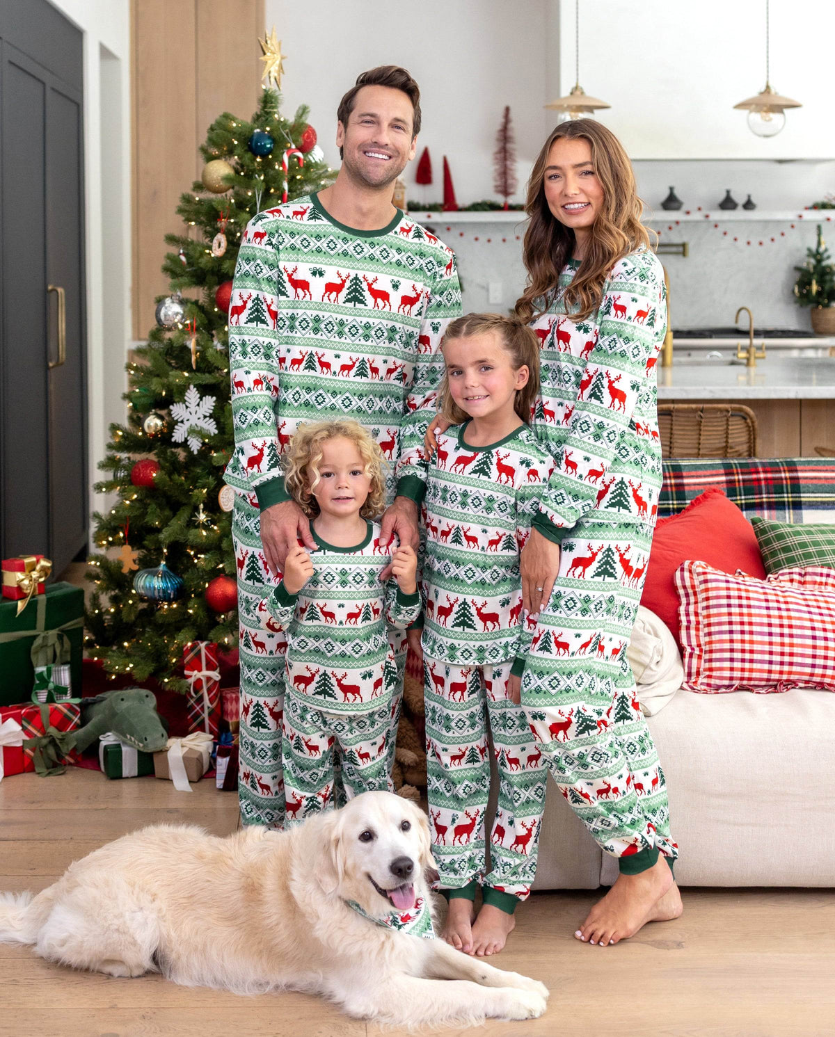 Matching Family Christmas Pajamas Fair Isle & Reindeer Print Green