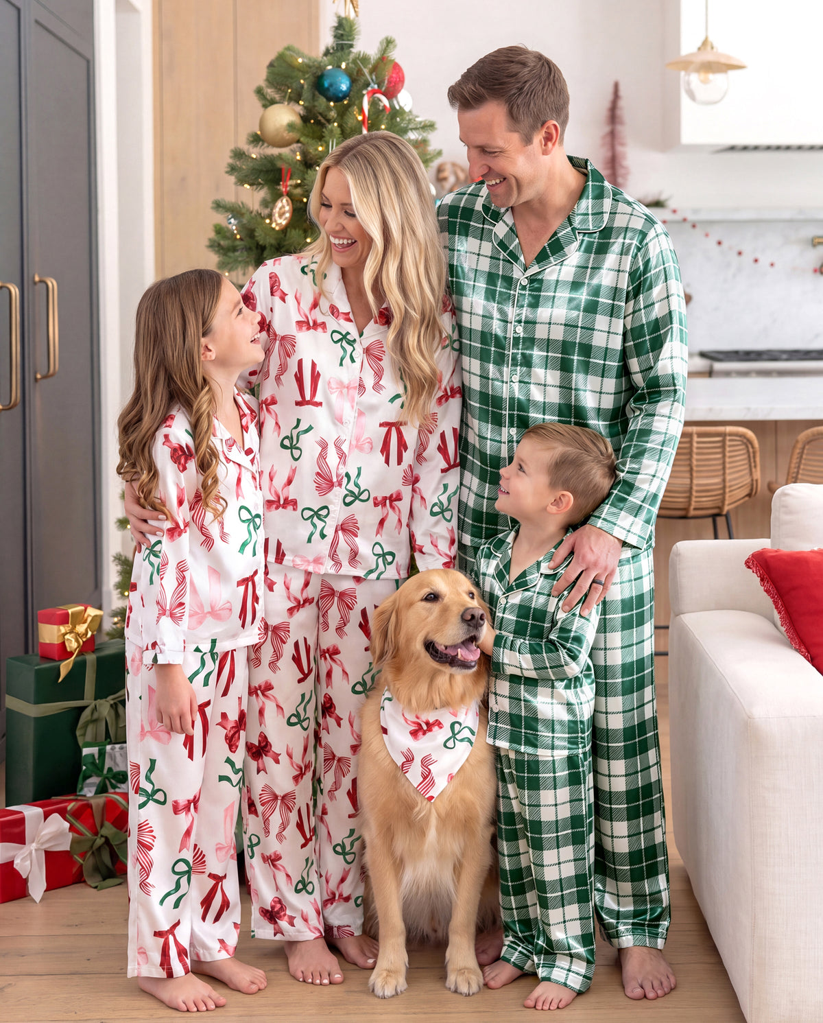 Family Matching Christmas Pajamas Bow & Plaid Print Satin Multicolor