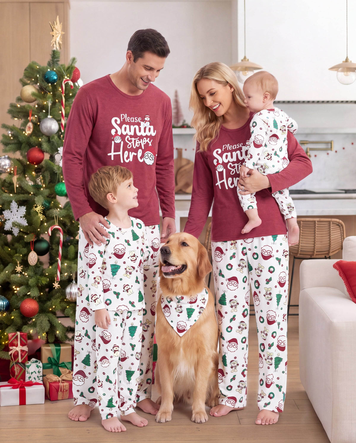 Family Matching Christmas Pajamas Santa & Christmas Tree Print Red