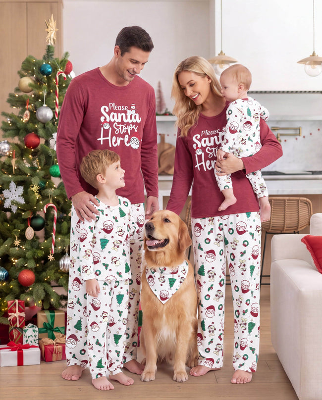 Family Matching Christmas Pajamas Santa & Christmas Tree Print Red Hover Image