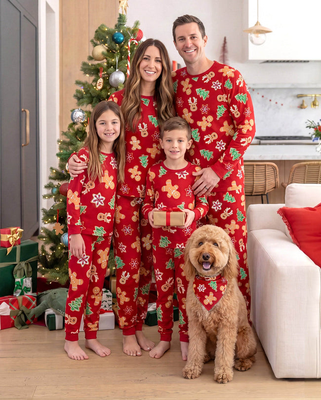 Family Matching Christmas Pajamas Bamboo Gingerbread & Xmas TreeRed Hover Image