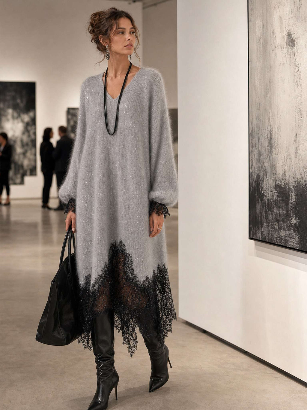 Gray Shimmer Knit Lace Hem Midi Dress