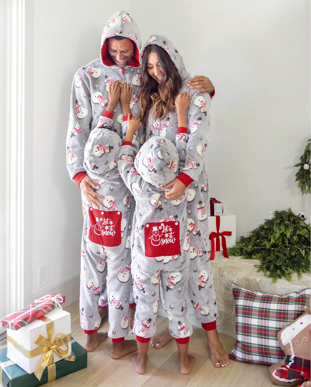 Family Matching Christmas Pajamas Snowman Print Coral Fleece Gray Christmas Onesie