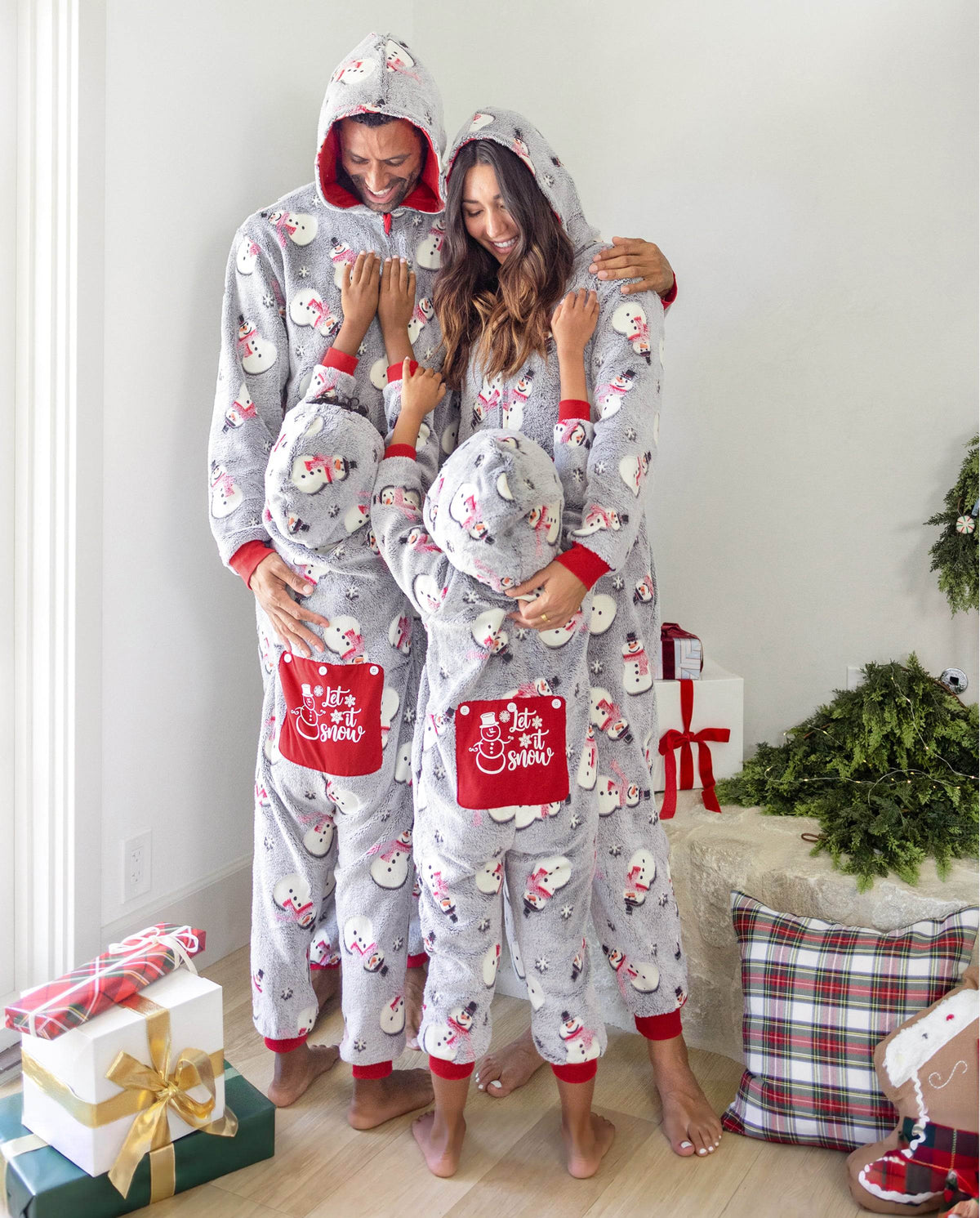 Family Matching Christmas Pajamas Snowman Print Coral Fleece Gray Christmas Onesie