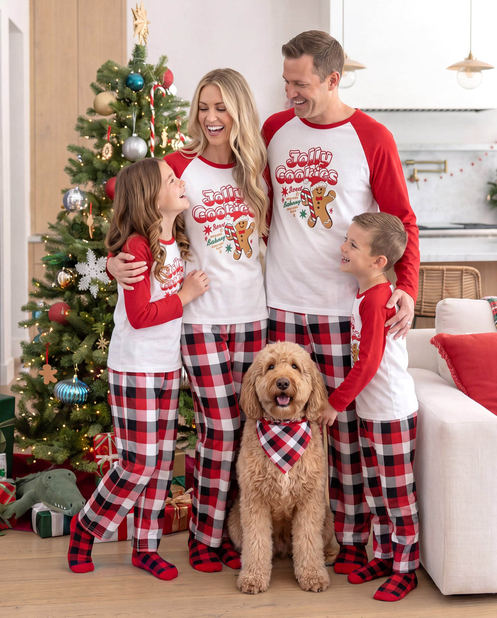 Matching Family Christmas Pajamas Gingerbread & Plaid Print Red