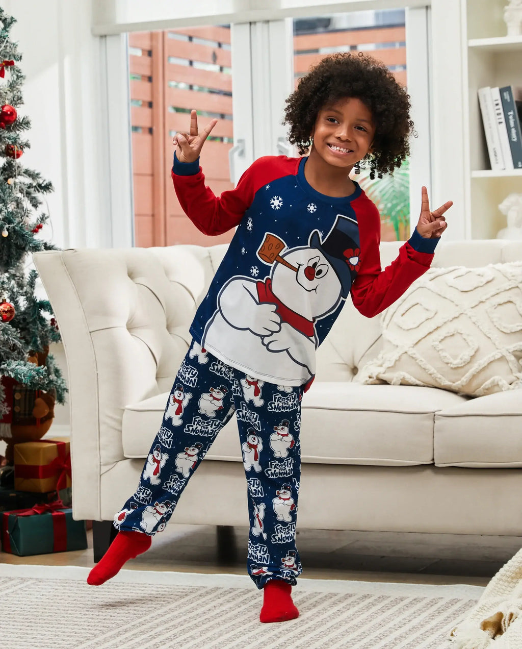 Frosty The Snowman Christmas Family Matching Color-block Pajamas Sets with Christmas Socks