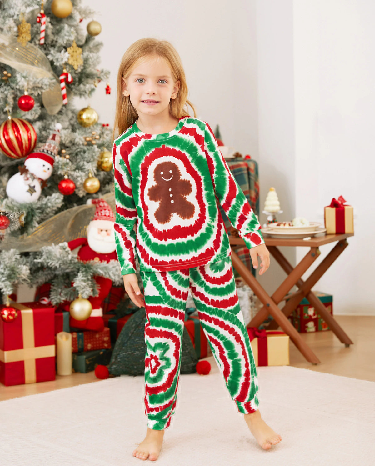 Christmas Family Red&Green Tie-Dye Gingerbread Man Pajamas Sets with Christmas Socks MultiColour