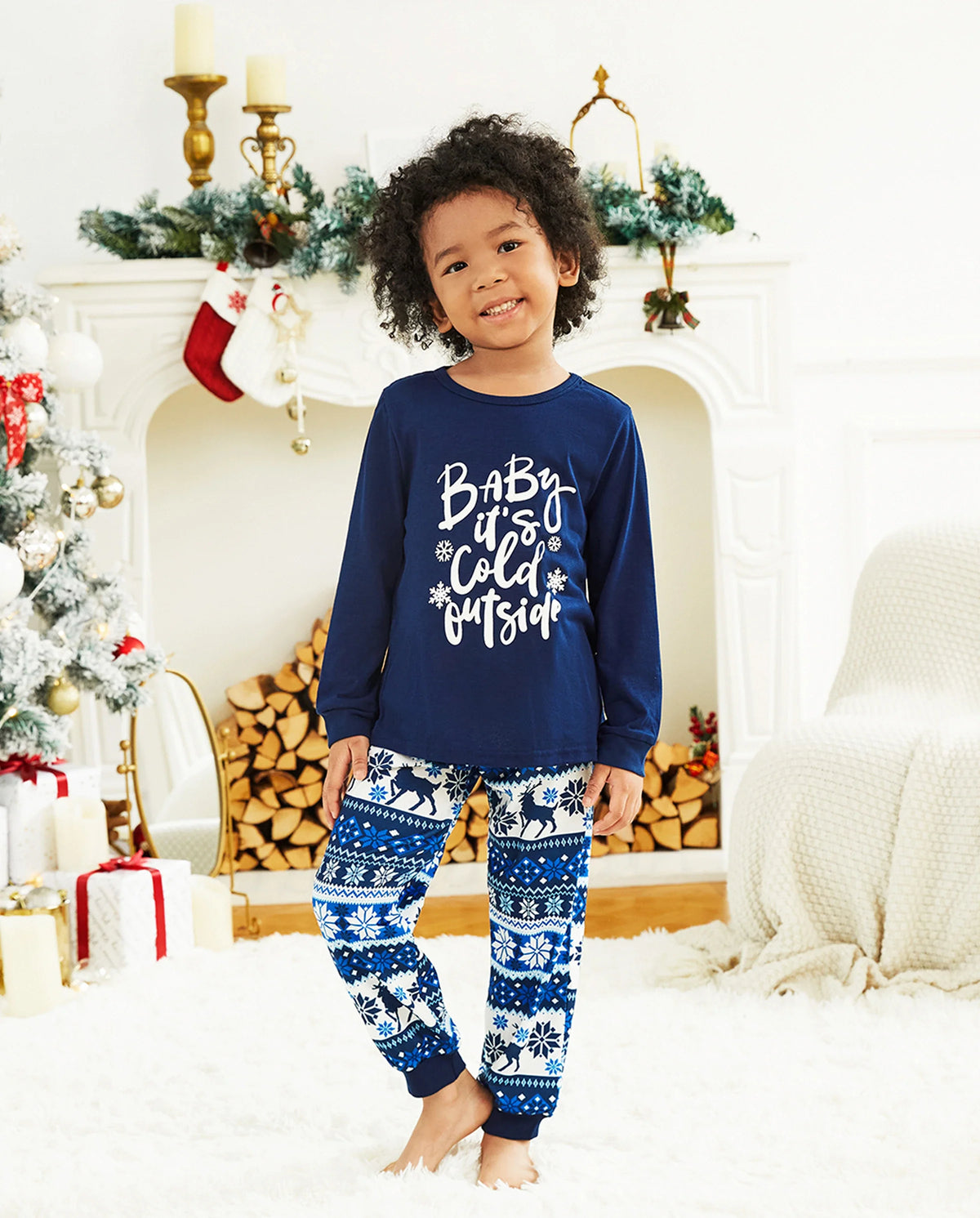 Family Matching Christmas Pajamas Baby It's Cold Outside Print Blue