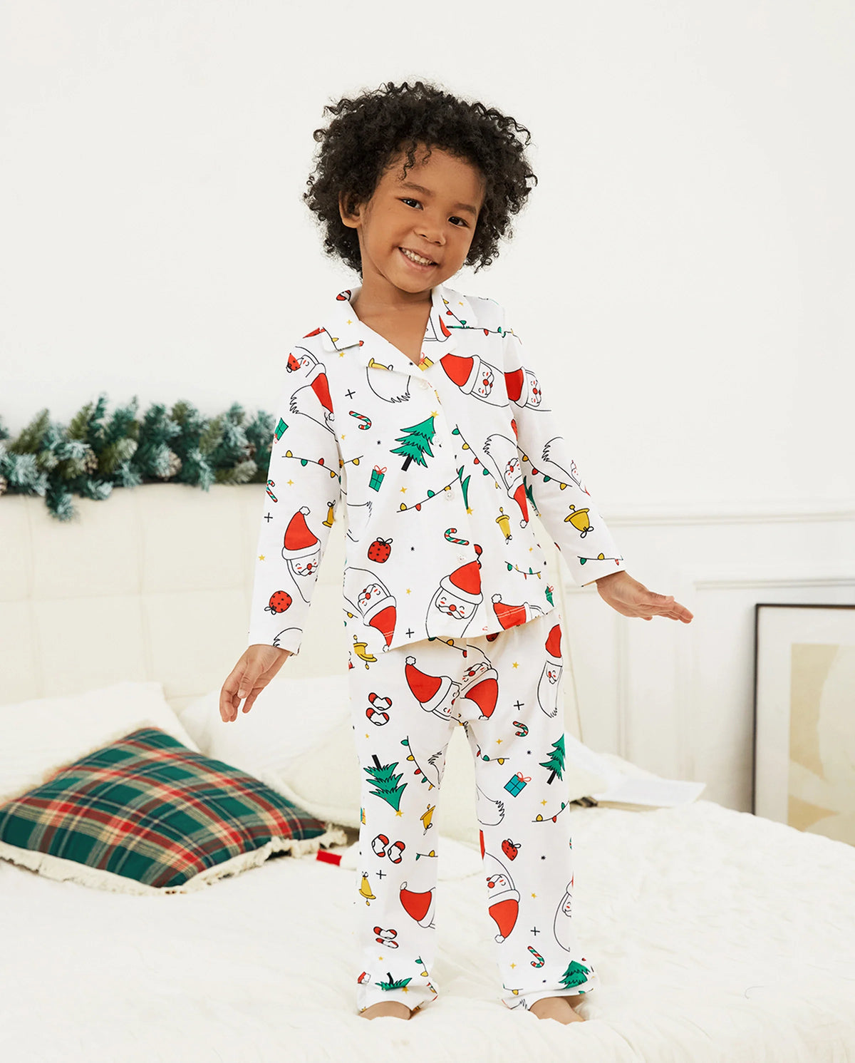 Christmas Family Matching Colorful Festival Theme Print Long Sleeve Pajamas Sets with Christmas Socks White