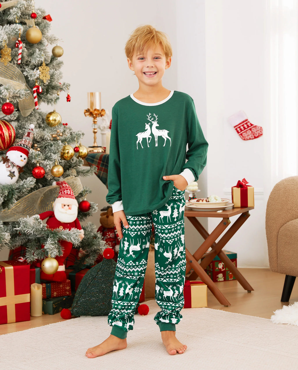 Christmas Family Matching Glow in the Dark Reindeer Tops Allover Pattern Pants Pajamas Sets with Christmas Socks