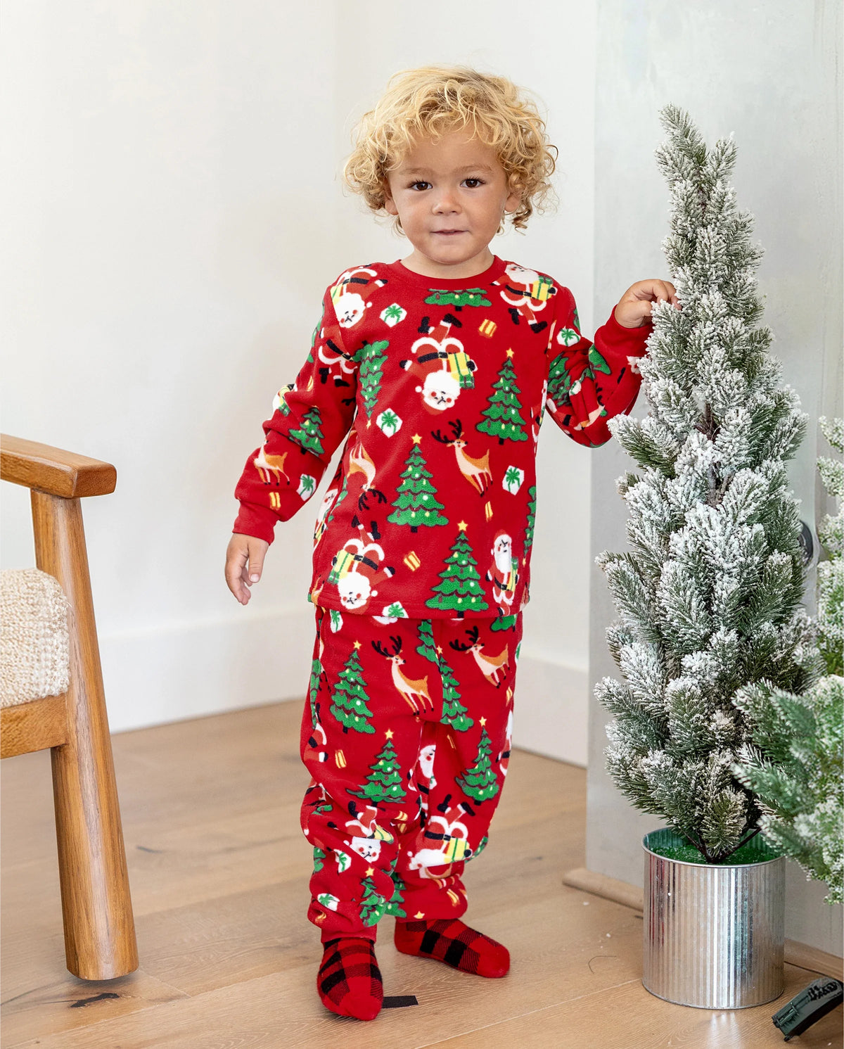 Christmas Matching Family Pajamas Set Santa Claus and Christmas Tree Print Red Fleece PJS with Christmas Socks Red