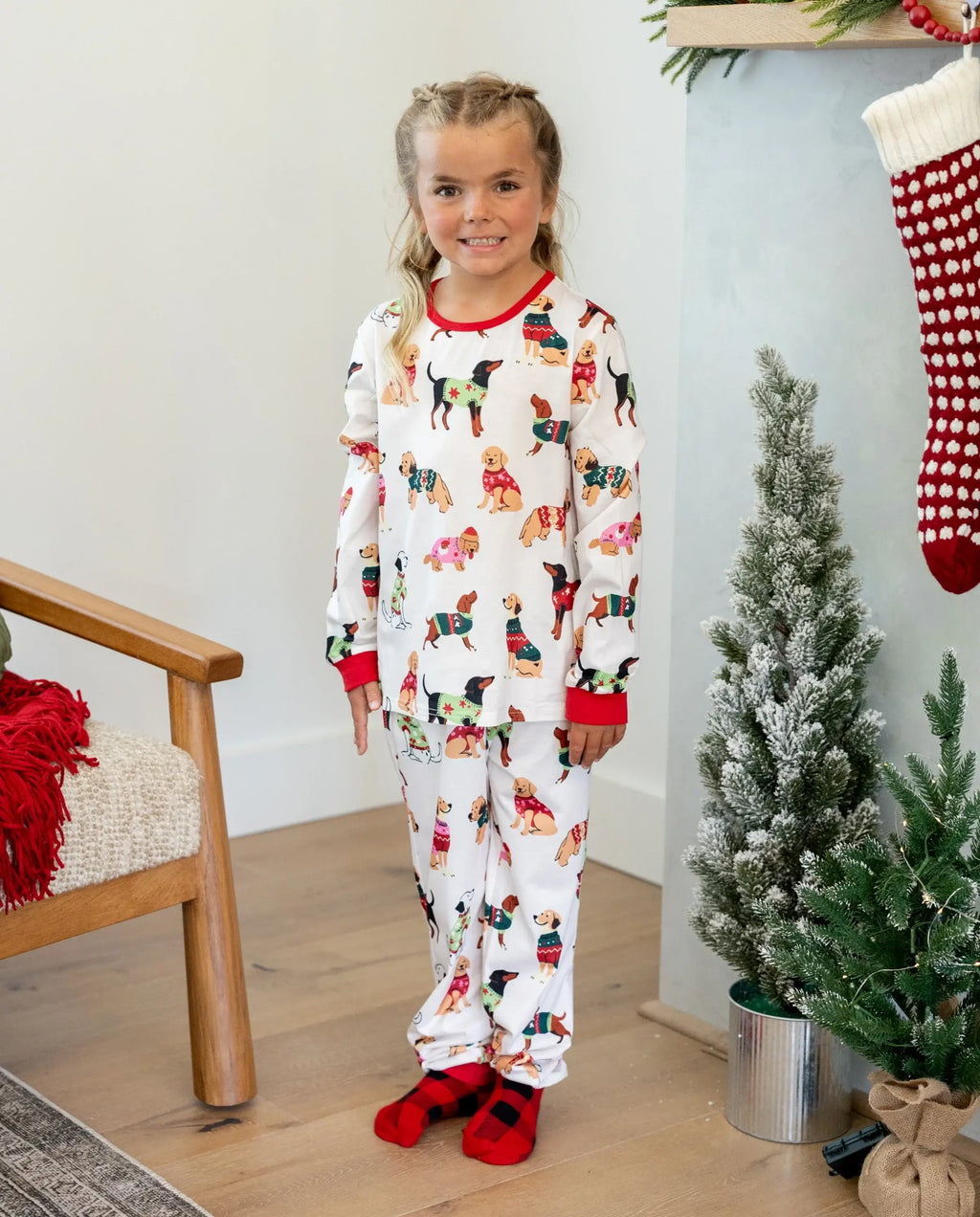 Christmas Matching Family Pajamas Set Various Dog Print PJS with Christmas Socks Apricot