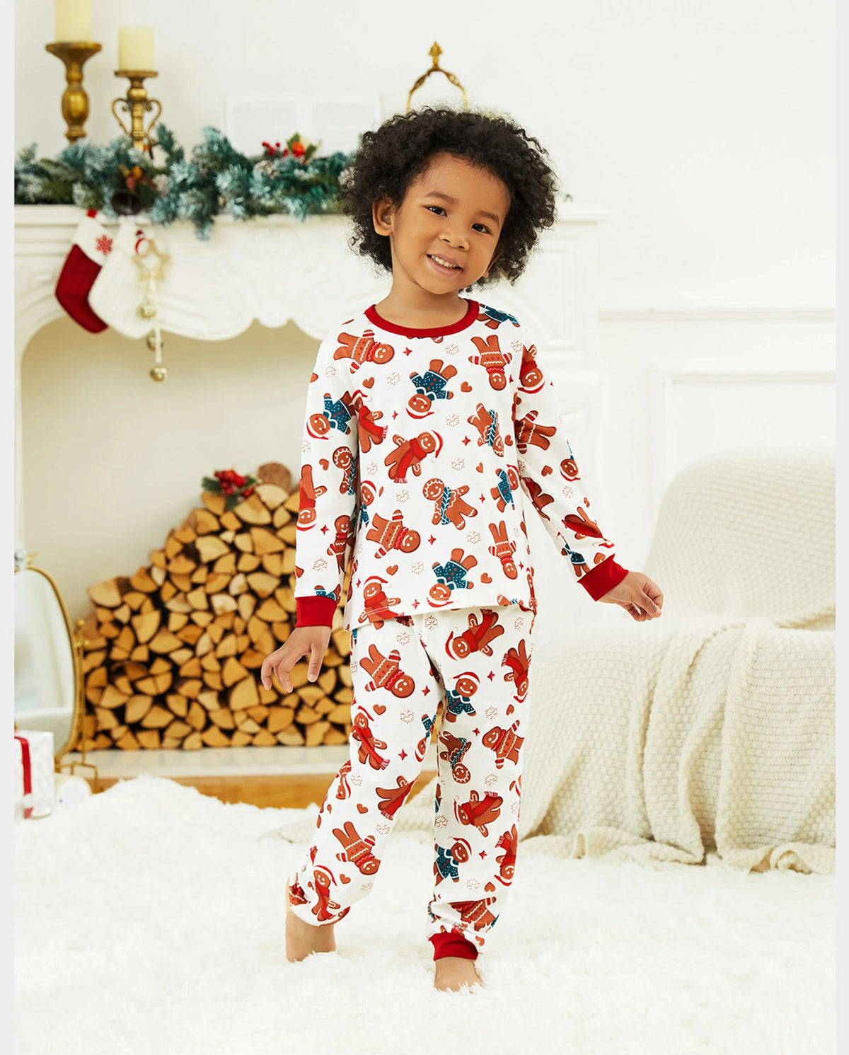 Christmas Family Matching Cartoon Gingerbread Man Allover Print Pajamas Sets with Christmas Socks White