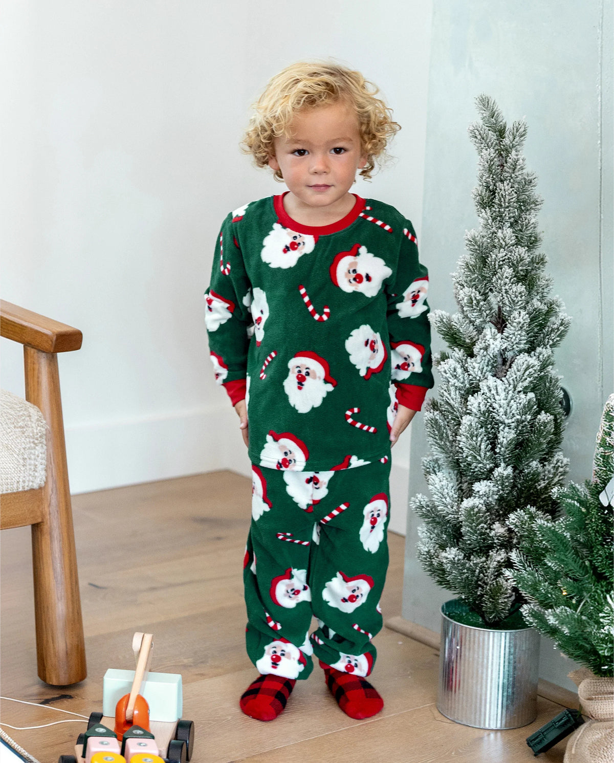 Christmas Matching Family Fleece Pajamas Set Santa Claus and Candy Cane Print PJS with Christmas Socks Dark Green