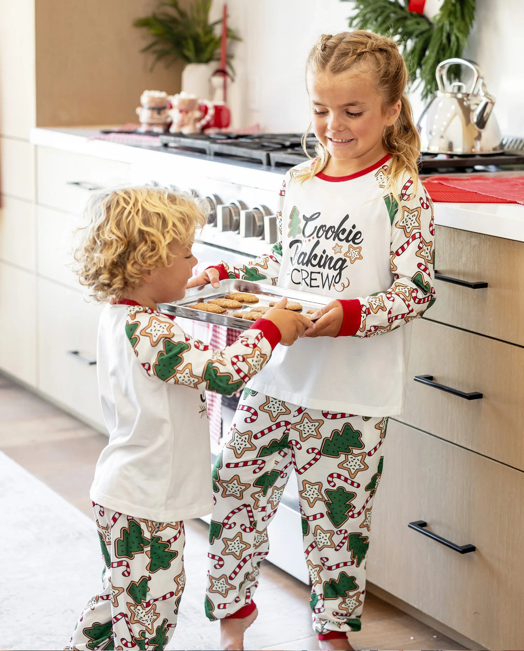 Christmas Matching Family Pajamas Set Christmas Tree Print Red and Apricot PJS with Christmas Socks Apricot