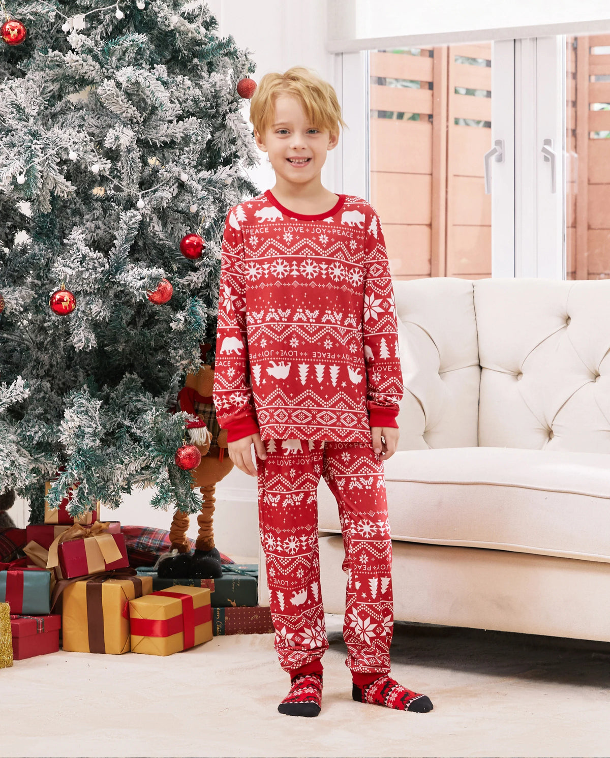 Traditional Christmas Print Family Matching Pajamas Sets with Christmas Socks Red