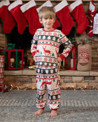 Family Christmas Pajamas All Over Reindeer Print Long-sleeve with Christmas Socks (SGS Certied Safety) Red+White