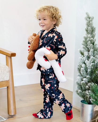 Christmas Matching Family Pajamas Set Gingerbread Print Black PJS with Christmas Socks Black