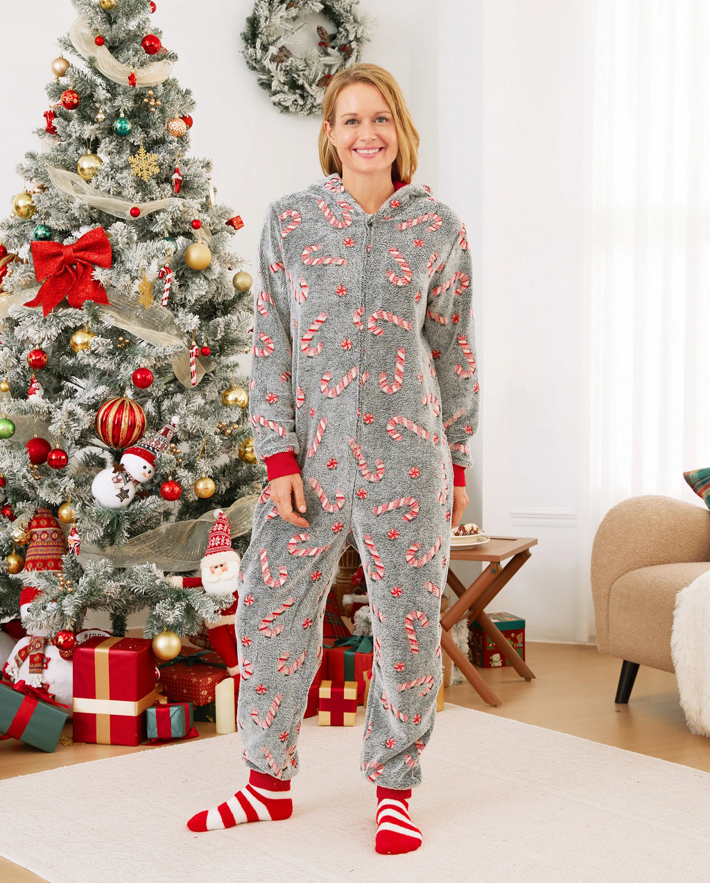 Onesies Pajamas Matching Christmas Outfits Candy Cane Pattern (Glow in the Dark) with Christmas Socks Black