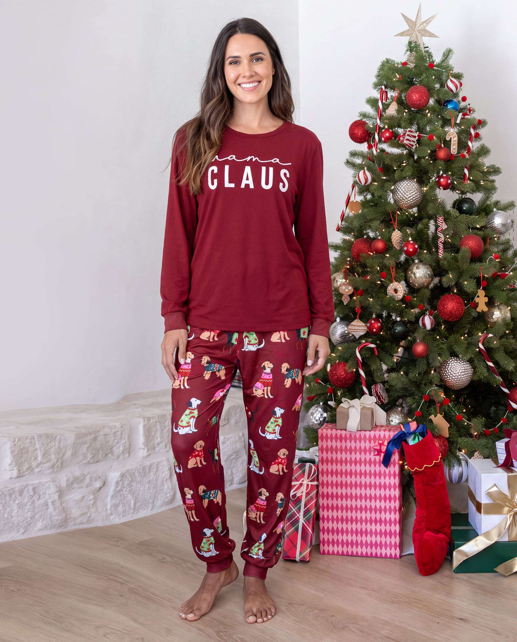 Family Matching Christmas Pajamas Festive Dog Print Red