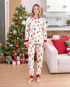 Family Matching Christmas Pajamas Christmas Tree & Gingerbread Print Cotton Cream