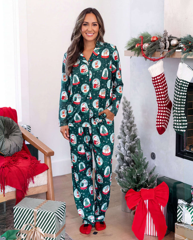 Matching Family Christmas Pajamas Snow Globe Print Dark Green Plus Size Main Image
