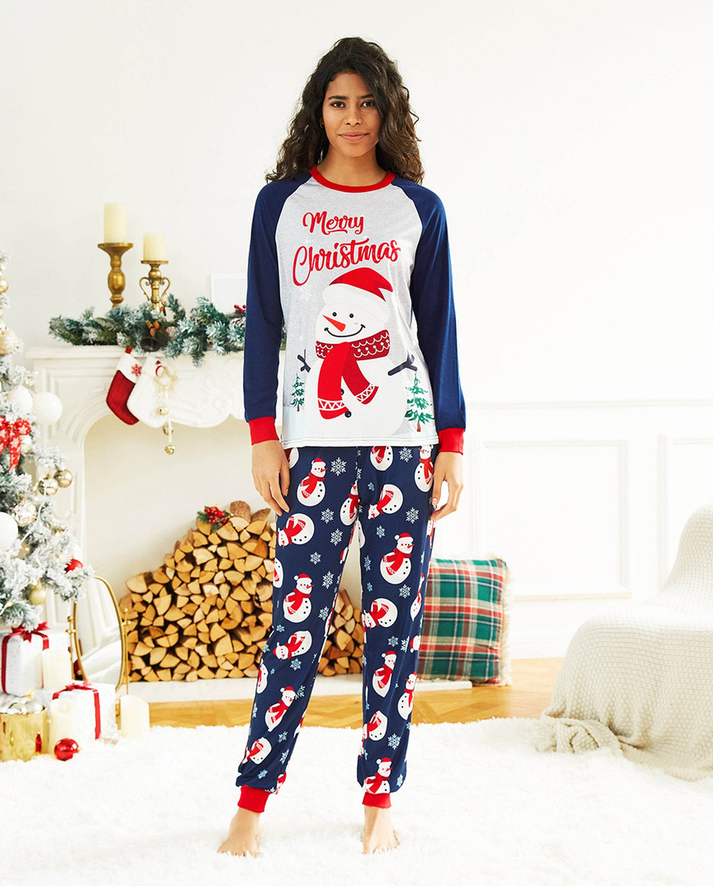 Matching Family Christmas Pajamas Snowman Print Colorblock