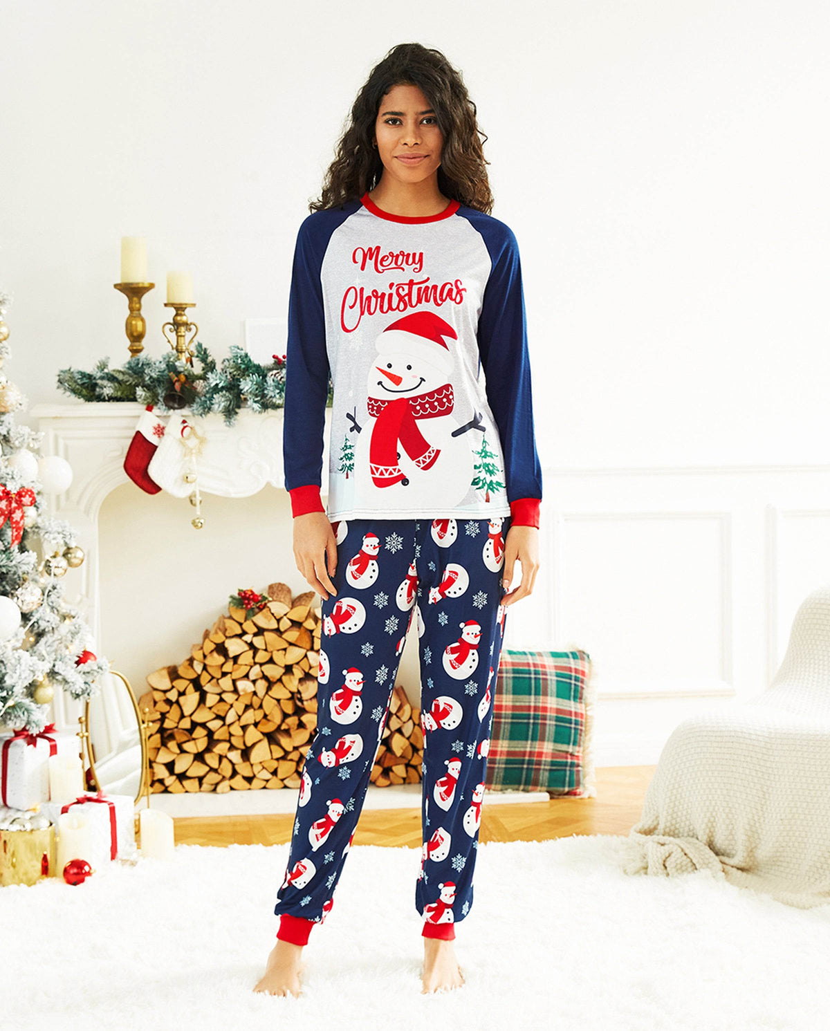 Matching Family Christmas Pajamas Snowman Print Colorblock