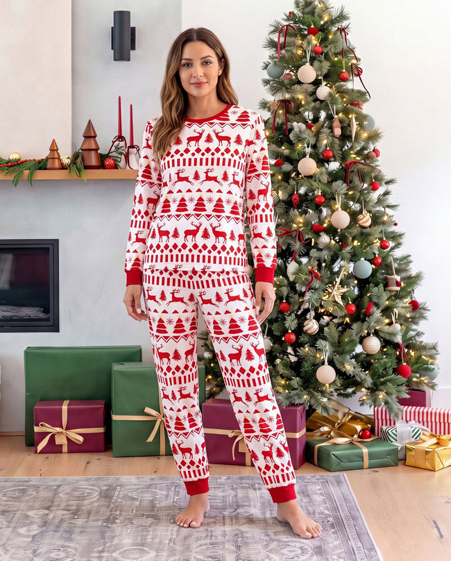 Matching Family Christmas Pajamas Fair Isle & Reindeer Print Red Main Image