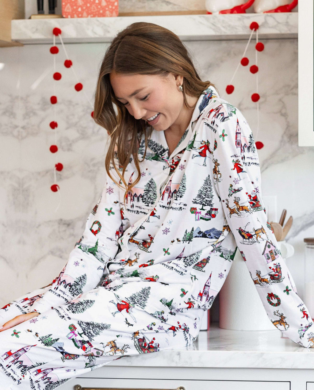 Family Matching Christmas Pajamas Christmas Village Print White