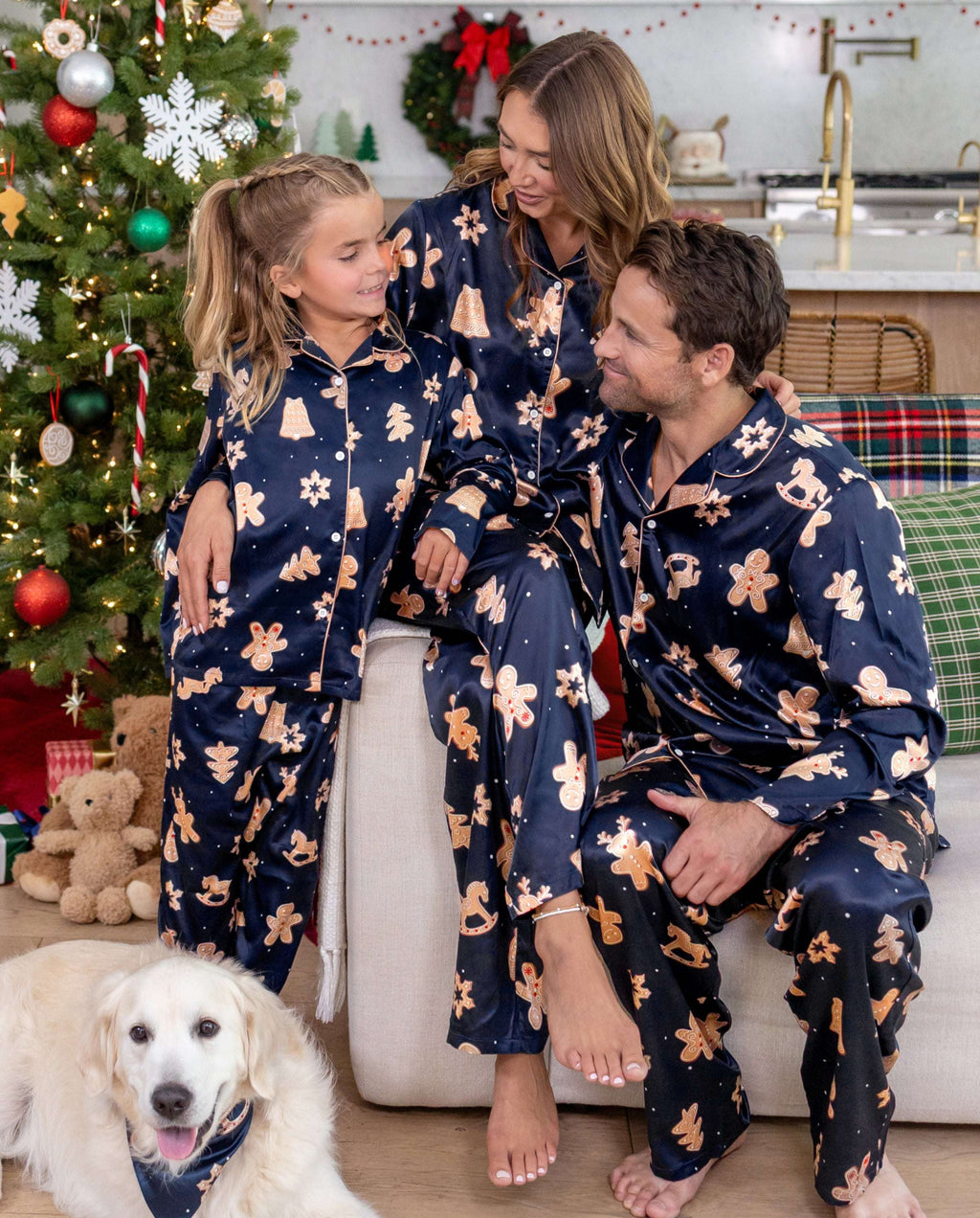 Family Matching Christmas Pajamas Gingerbread Print Satin Navy
