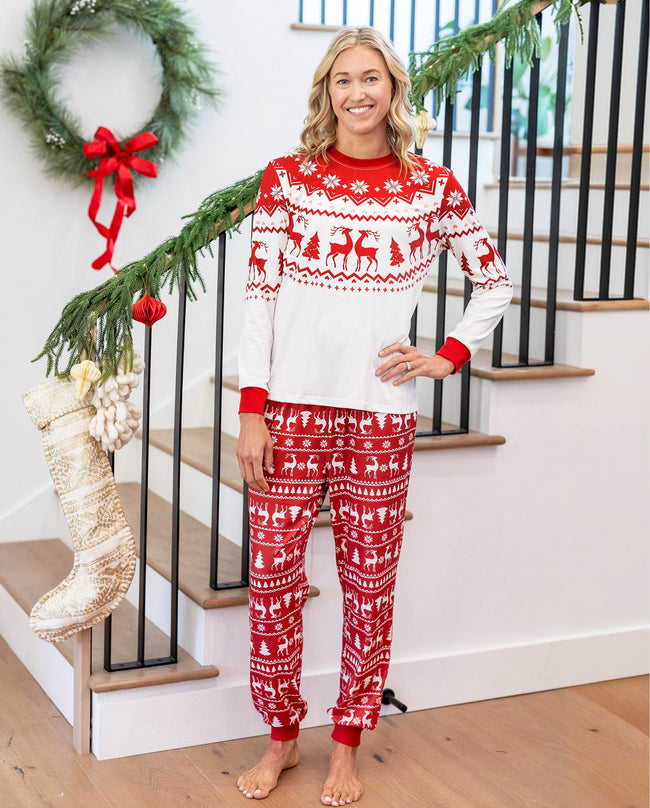 Family Matching Christmas Pajamas Fair Isle & Reindeer Print Red Main Image