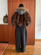 Women’s Relaxed Faux Fur Zip-Up Jacket – Dark Brown