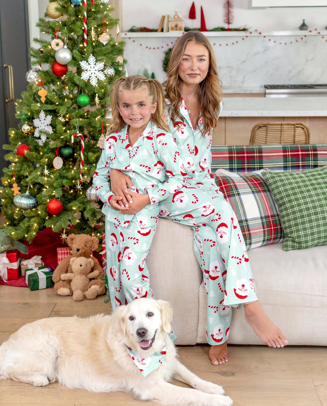 Matching Family Christmas Pajamas Santa Claus Print Collared Green Main Image