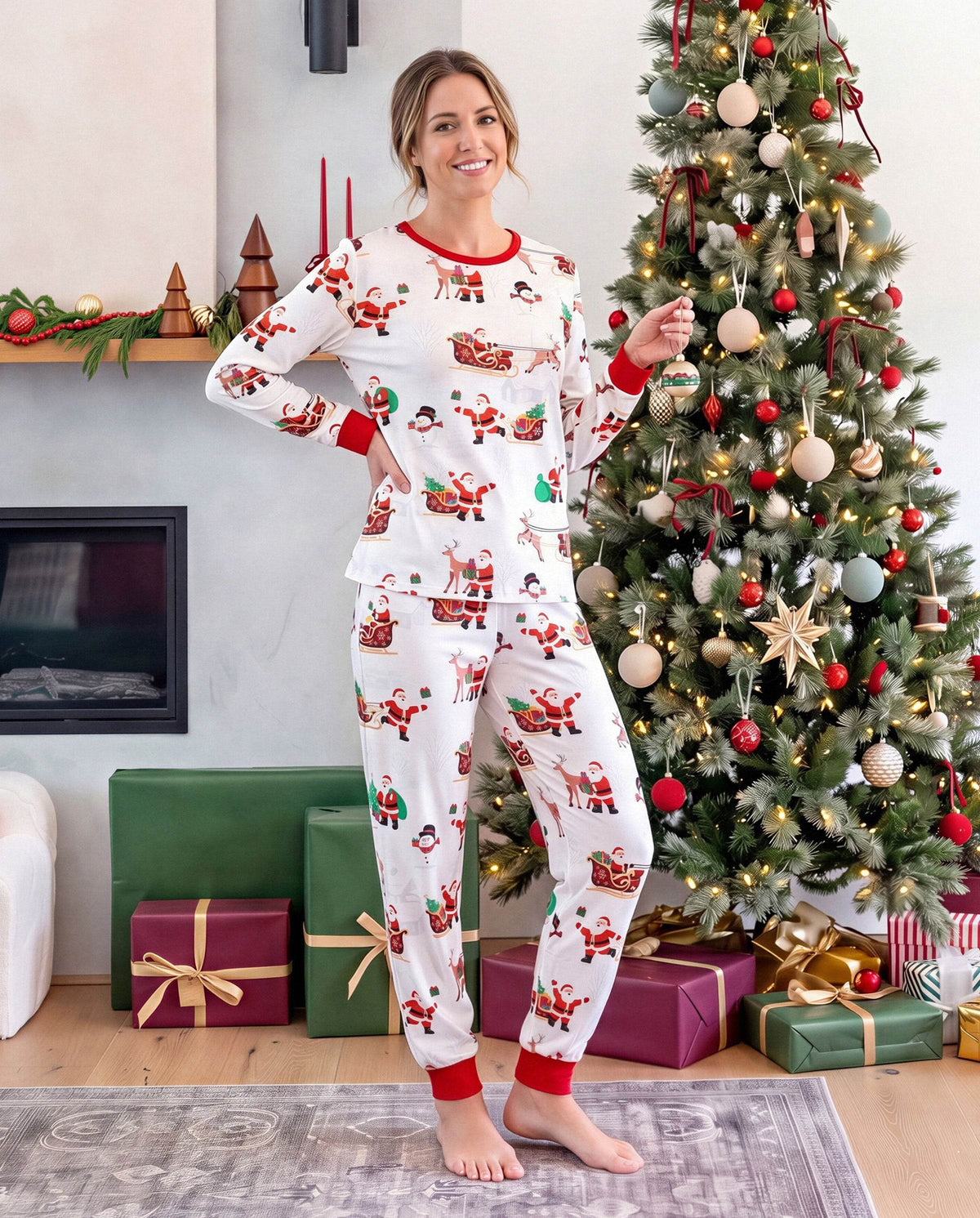 Family Matching Christmas Pajamas Reindeer & Santa Claus Print White Plus Size RED/WHITE