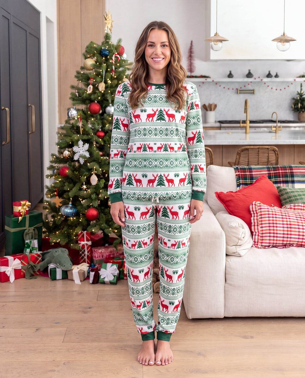 Matching Family Christmas Pajamas Fair Isle & Reindeer Print Green
