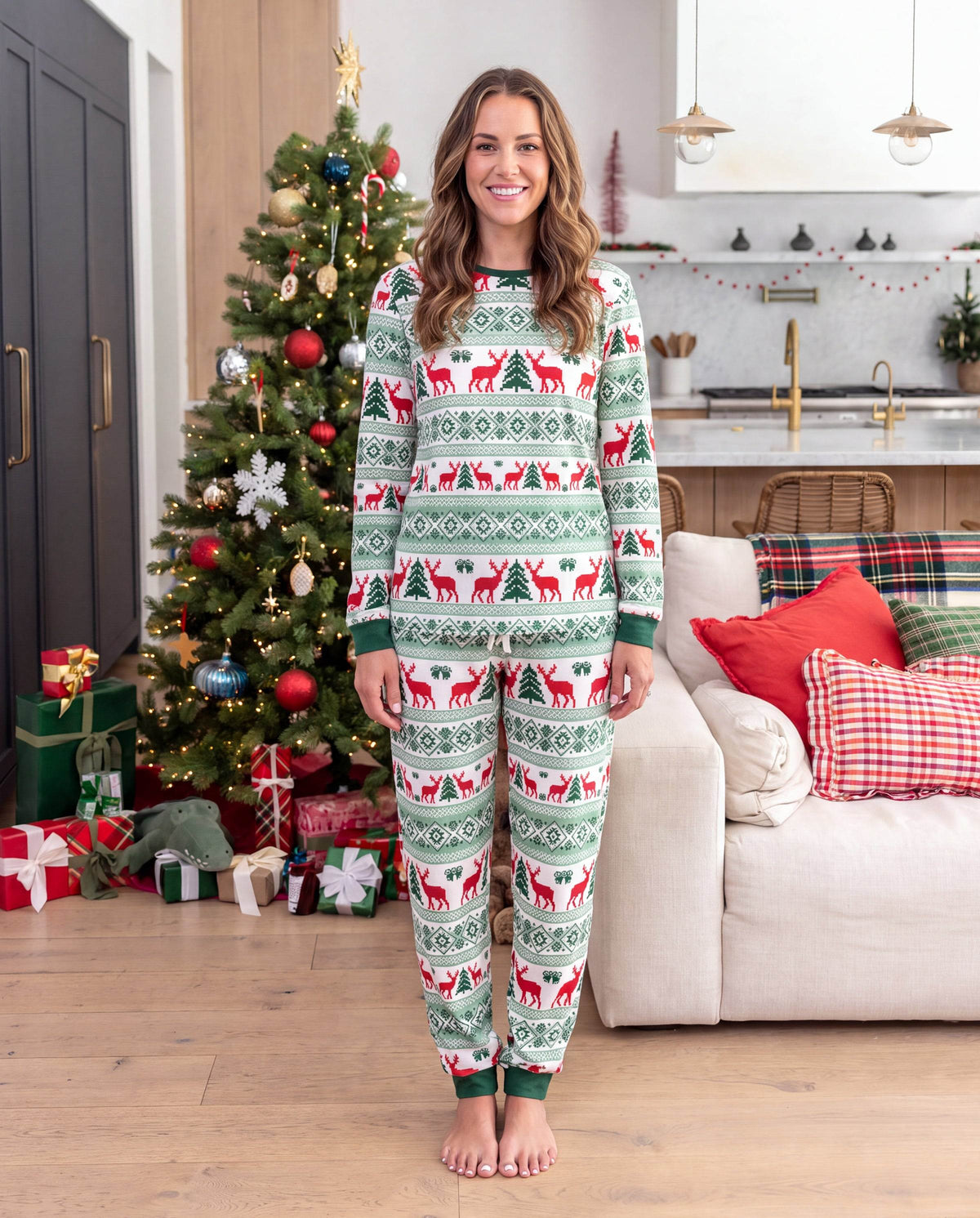 Matching Family Christmas Pajamas Fair Isle & Reindeer Print Green